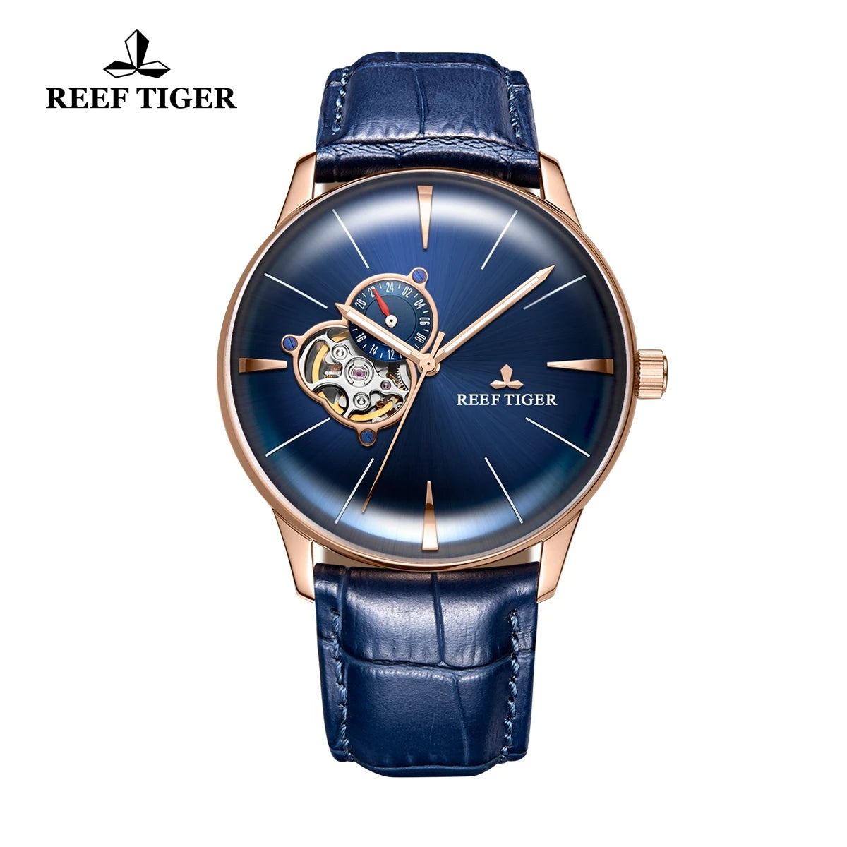 New Reef Tiger/RT Luxury Rose Gold Watch Men's Automatic Mechanical Watches Tourbillon Watches with Brown Leather Strap RGA8239