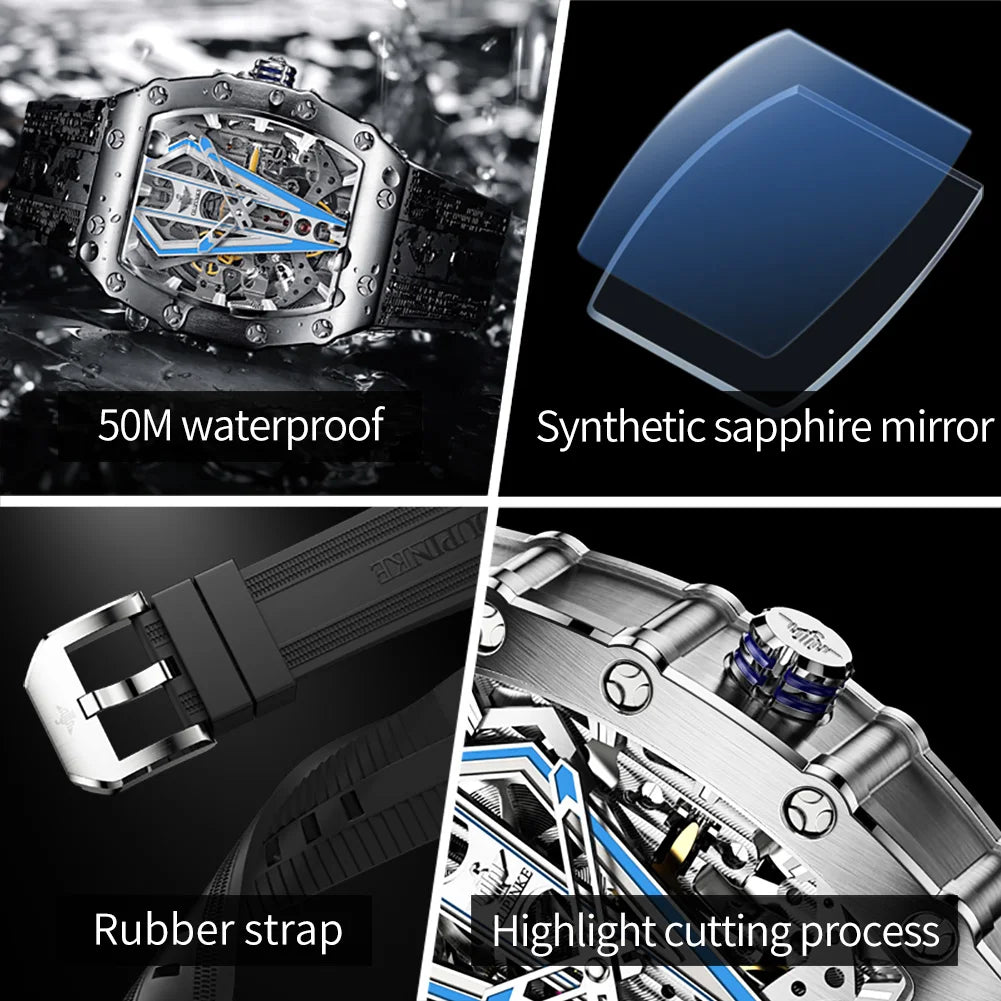 OUPINKE 3179 Men's Watches Top Brand Skeleton Tonneau Automatic Mechanical Luxury Original Watch for Men 5m Waterproof Man Watch