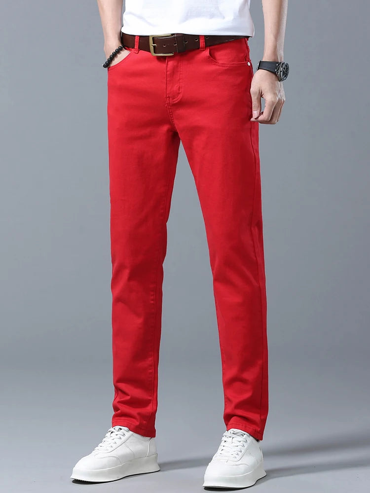 Men's Pink Jeans Spring Summer New Comfortable Elastic Fitted Straight Denim Trousers Fashion Korean Male Casual Pants