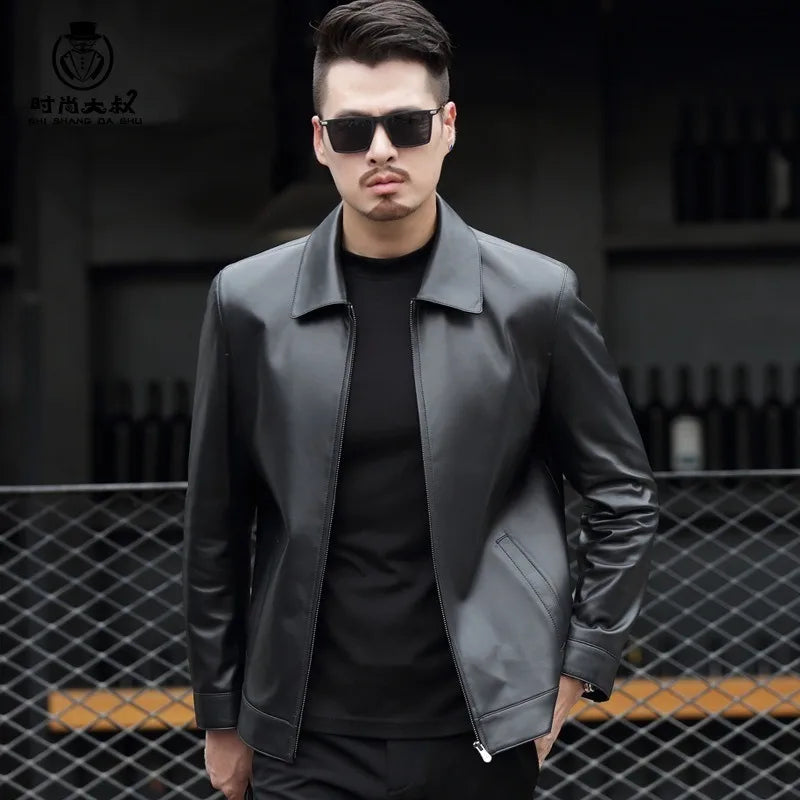 Lapel Leather Jacket for Men's Lapel Trendy Handsome High-end PU Motorcycle Men's Spring and Autumn Leather Jacket