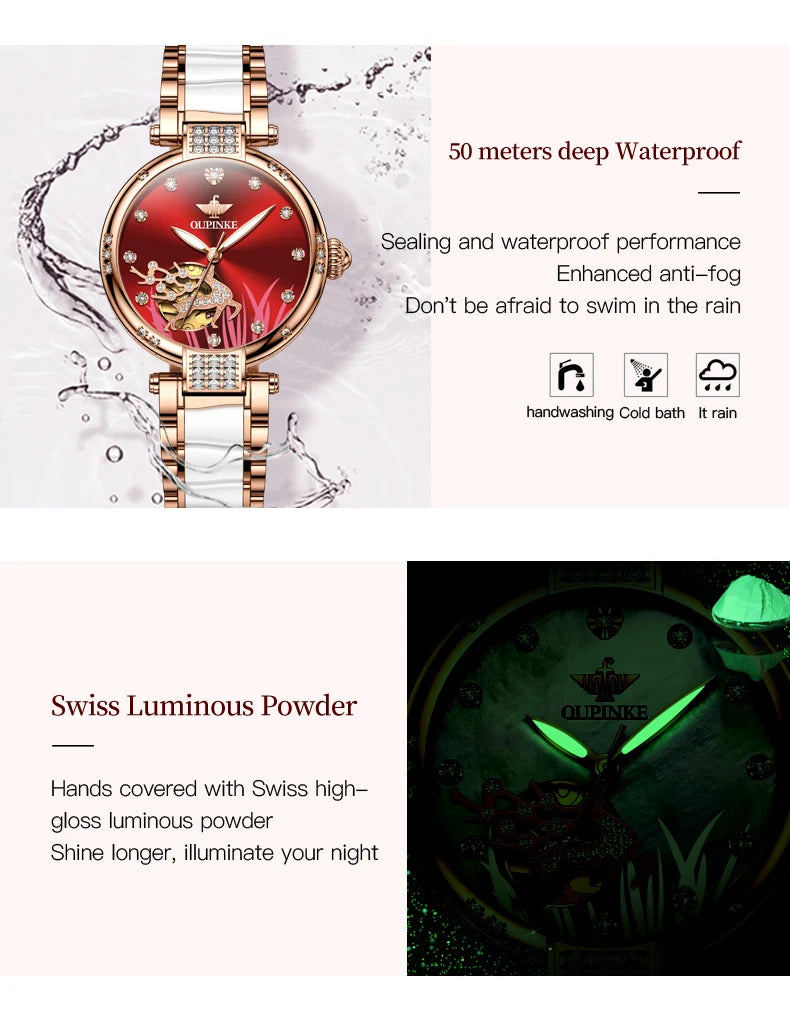 OUPINKE 3211 Women's Watch Elegant Rose Gold Diamond Ceramic Automatic Machinery Women's Watch Luxury Brand Women's Bracelet Set