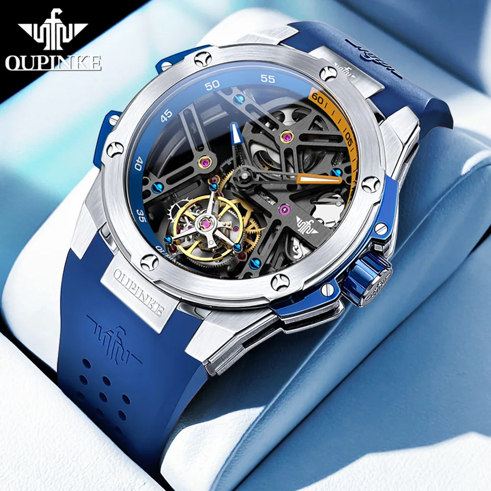 OUPINKE 8003 Tourbillon Men Watch Luxury Brand Hollow out Automatic Mechanical Watch Silicone Waterproof Sapphire Mirror Watch