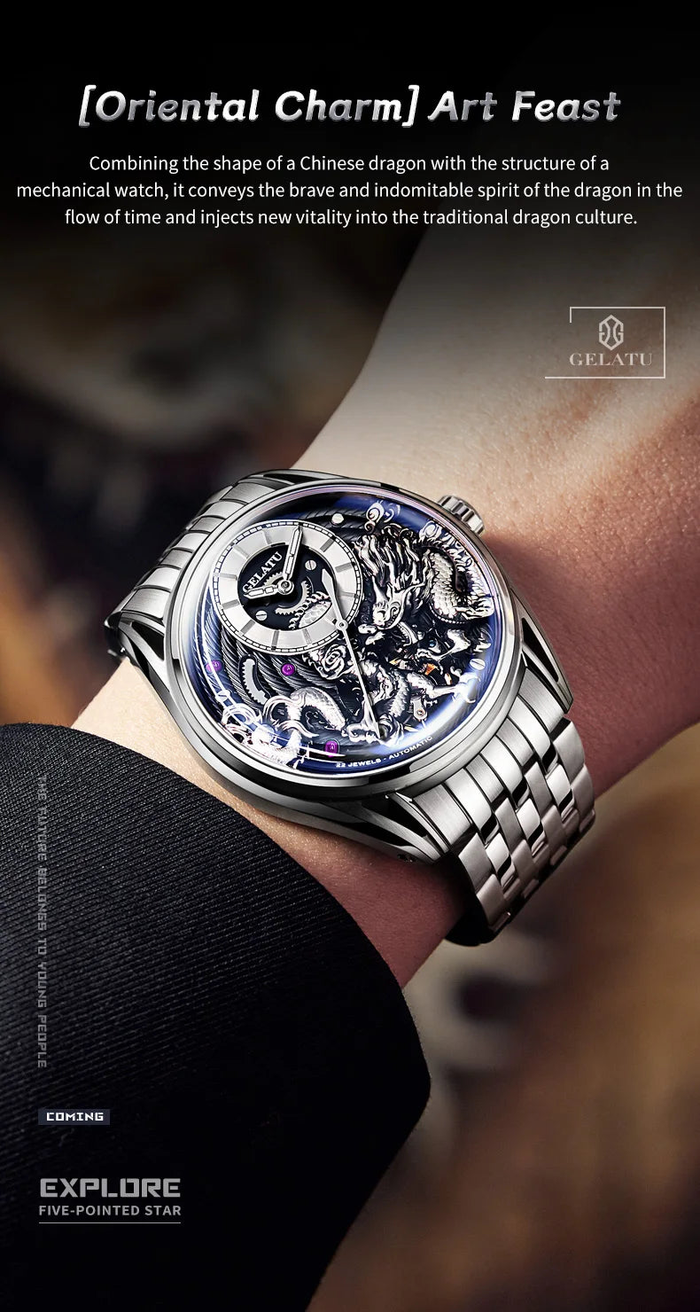 GELATU 6018 Men's Watch Top Brand Original Mechanical Watch For Men 50M Waterproof Luxury Hollow Dragon Automatic Wristwatch