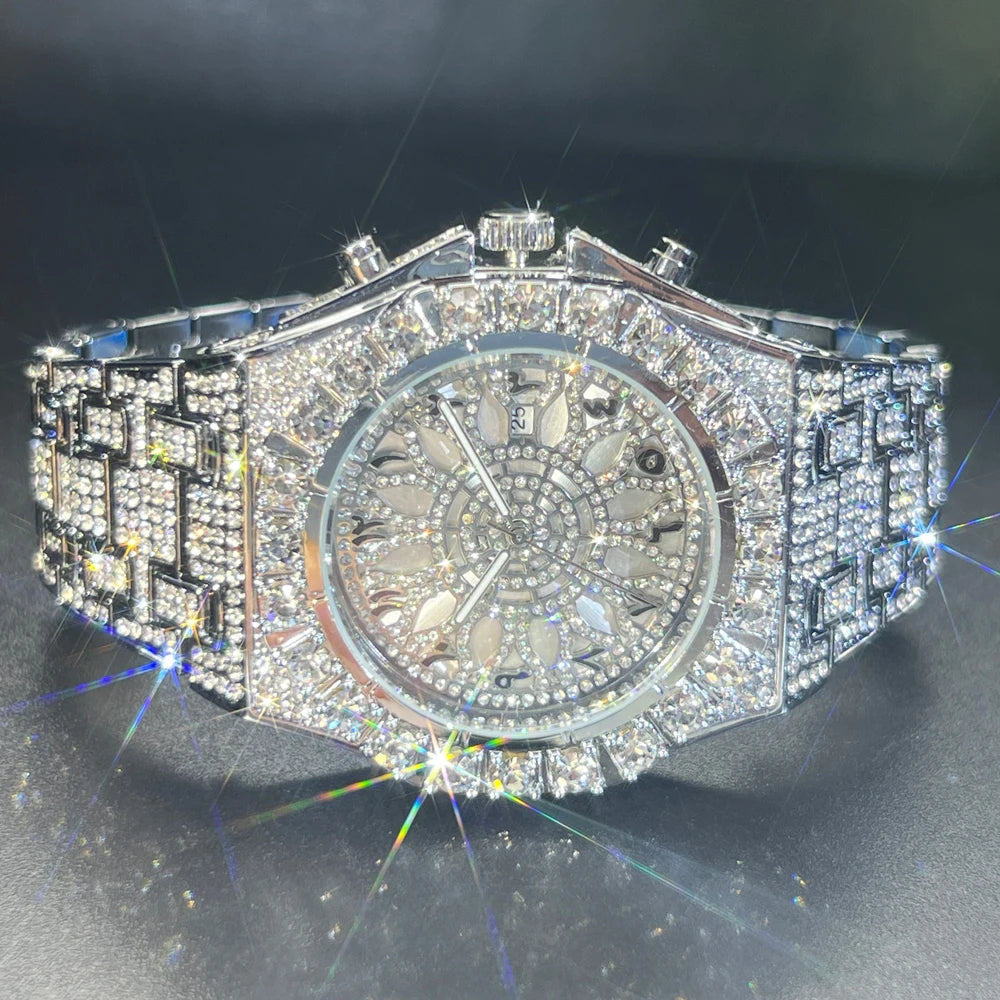 2024 Hip Hop Green Diamond Watche For Men Fashion Automatic Date Quartz Clock Dress Square Iced Jewelry WristWatch Man For Gift