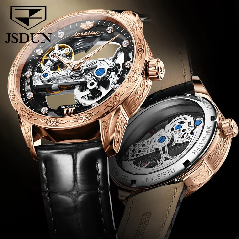 JSDUN 8917 Mens Watch Leather Strap Original Business Multifunctional Mechanical Watch﻿ Waterproof Watches For Man Gifts