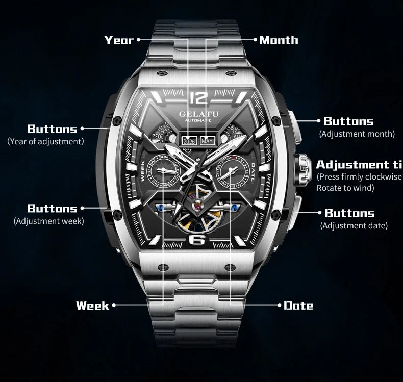 GELATU 6013 Luxury Men Hollow Automatic Mechanical Watch Waterproof Multi functional Original Men Watch Formal Watch Reloj