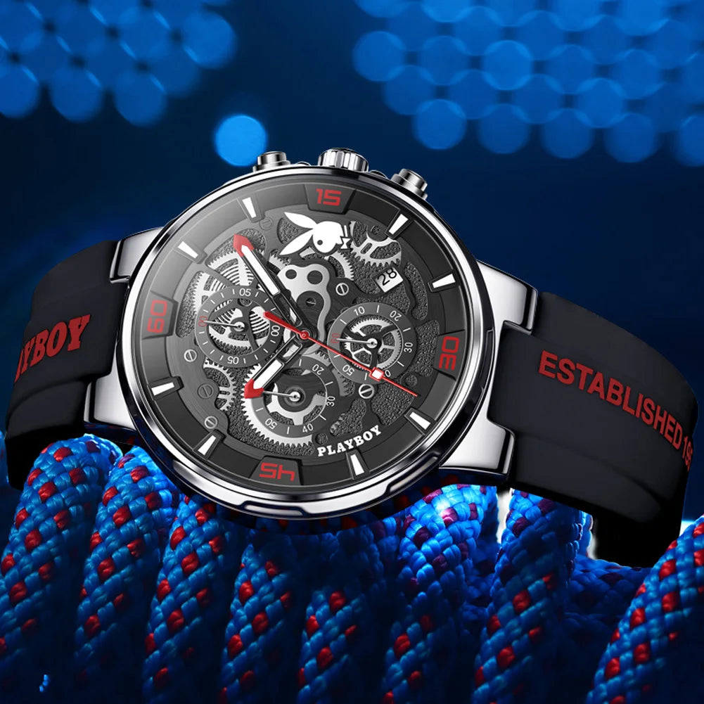 PLAYBOY Luxury Original Watch for Men Silicone Strap Fashion Quartz Men's Wrist Watches Waterproof Luminous Sports Male Watch