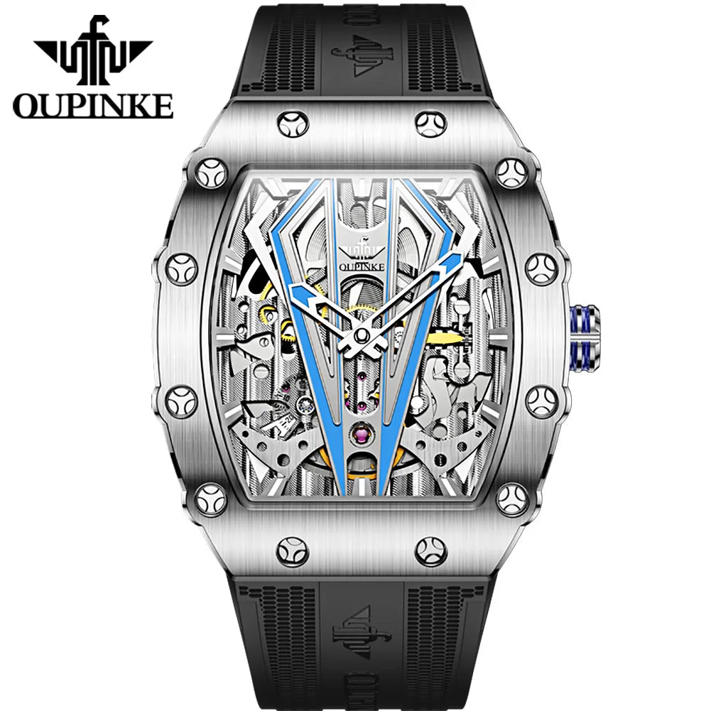 OUPINKE 3179 Men's Watches Top Brand Skeleton Tonneau Automatic Mechanical Luxury Original Watch for Men 5m Waterproof Man Watch