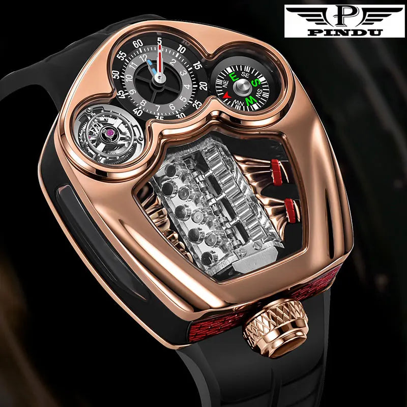 PINDU Fashion Men Quartz Watch 5ATM Silicone Men Watch Multifunctional Stainless steel Compass Casual Wristwatch Swiss Movement