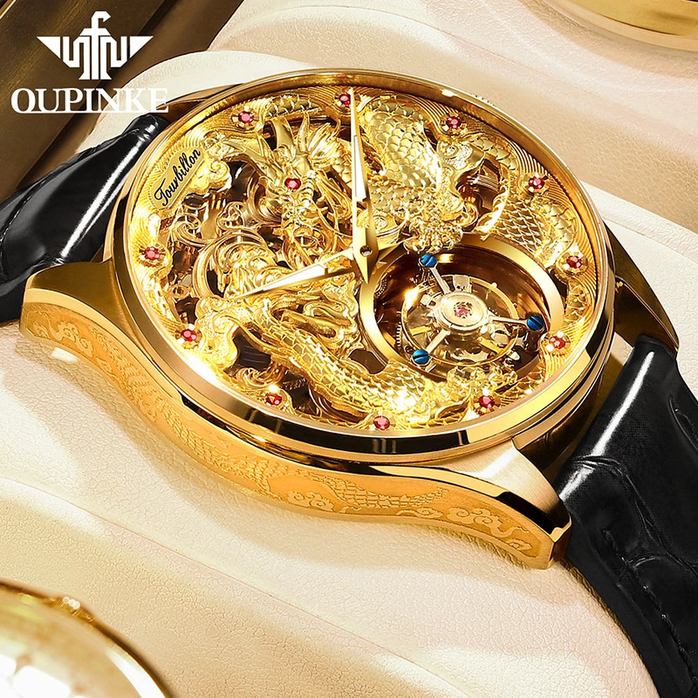 OUPINKE Factory Original Men's Watches Tourbillon movement Skeleton Gold Relief Dragon Watch for Man Top Luxury Brand Wristwatch
