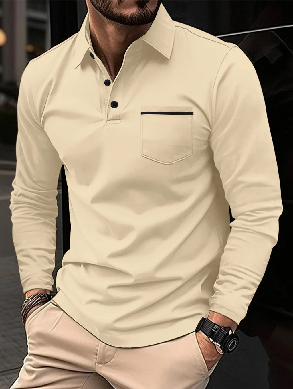 New men's casual long-sleeved polo shirt - solid-colored lapel polo shirt, stylish, breathable, comfortable and versatile top.