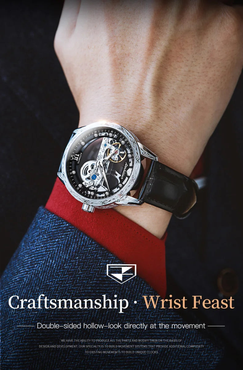 JSDUN 8917 Mens Watch Leather Strap Original Business Multifunctional Mechanical Watch﻿ Waterproof Watches For Man Gifts