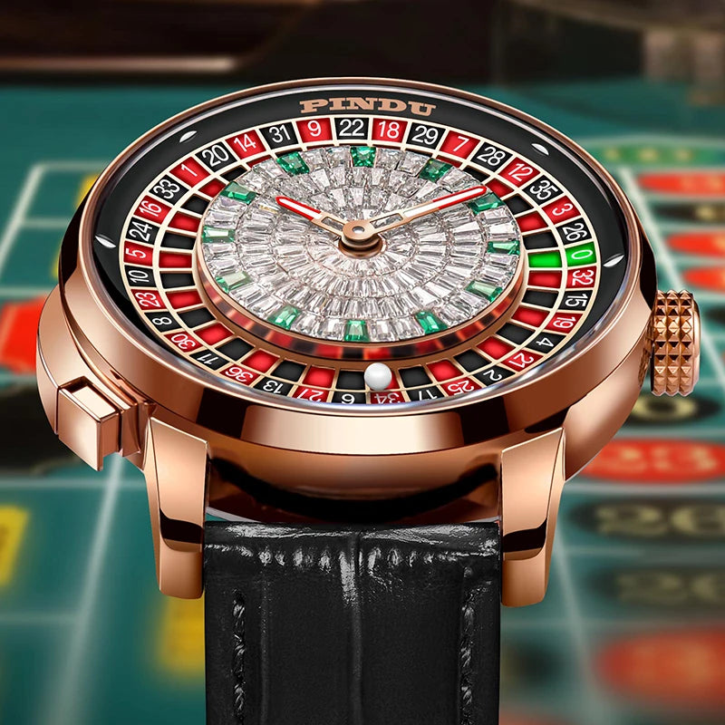 PINDU New Watches European Button Roulette Fun Game Sapphire Glass NH35A Mechanical Watch Diamond Dial Leather Men's Watch P6628