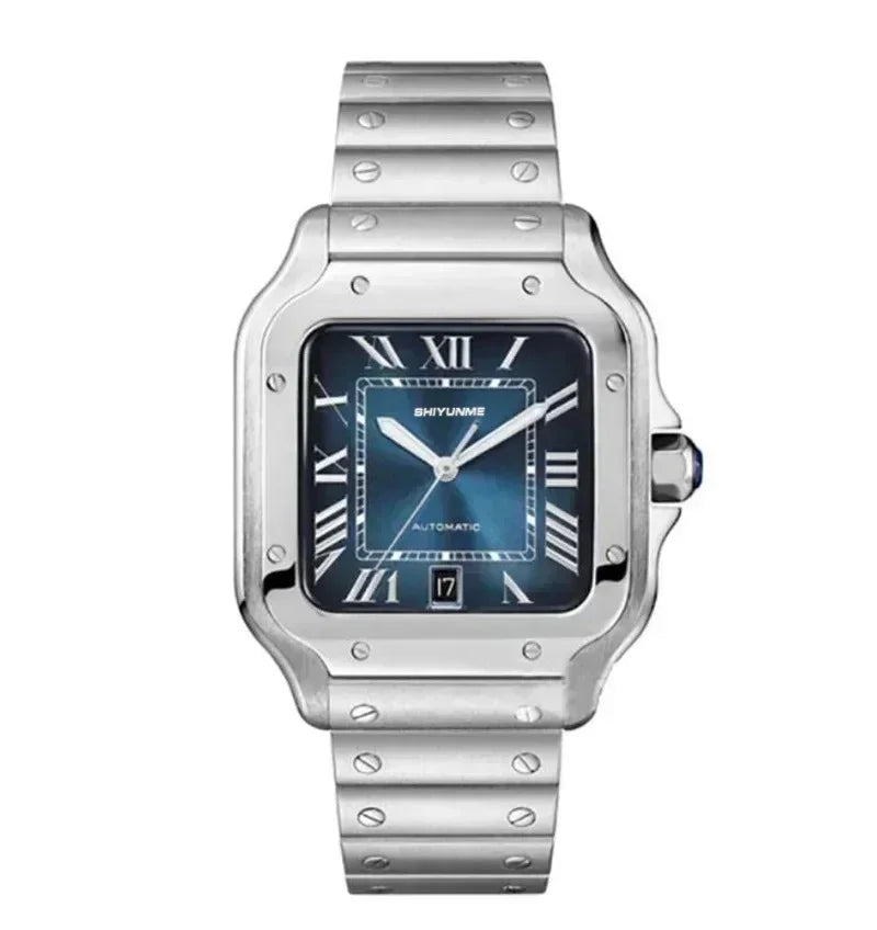 Stainless Steel Mechanical Sports Watch Square Roman Dial Black Leather High Quality Men's Automatic Watch