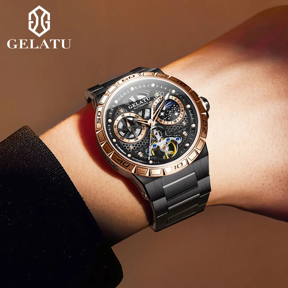 GELATU 6020 Trend Men's Watches Multifunctional Automatic Mechanical Watch for Men Flywheel Hollow out Moon Phase Wristwatch Man