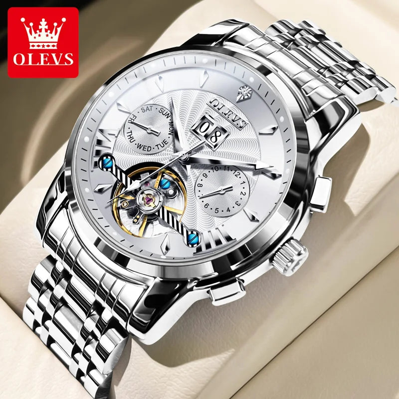 OLEVS Luxury Top Brand Watch for Men Automatic Mechanical Watches Waterproof Stainless Steel Skeleton Design Man Wristwatch
