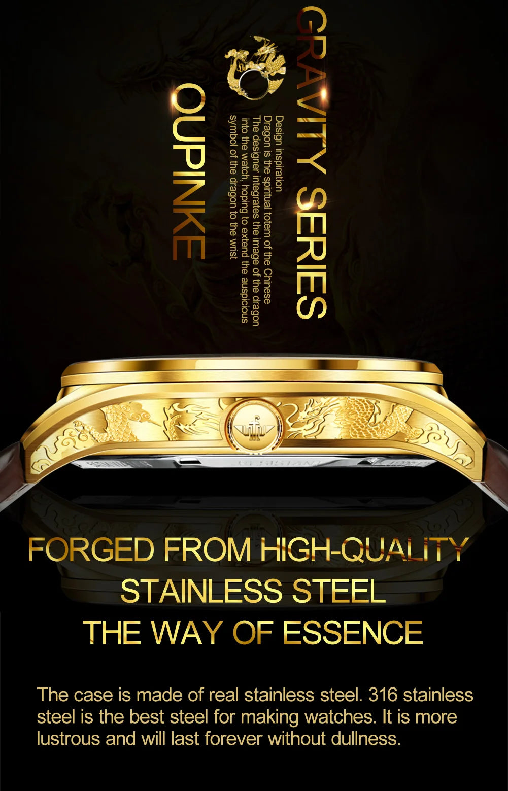 OUPINKE 3176 Top Brand Tourbillon Watch for Men Original Leather Strap Golden Dragon Design Automatic Mechanical Movement Watch