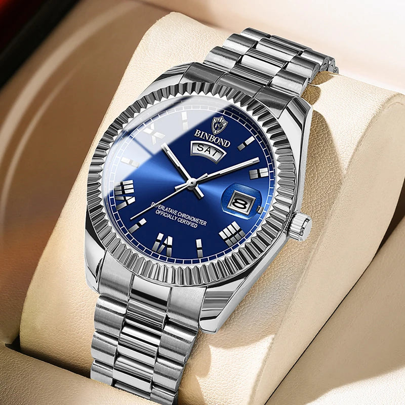 2025 New Men Business Watches Fashion Arabic Dial Steel Band Male's Luminous Waterproof Quartz Watch Set(Gift box regulator Box）