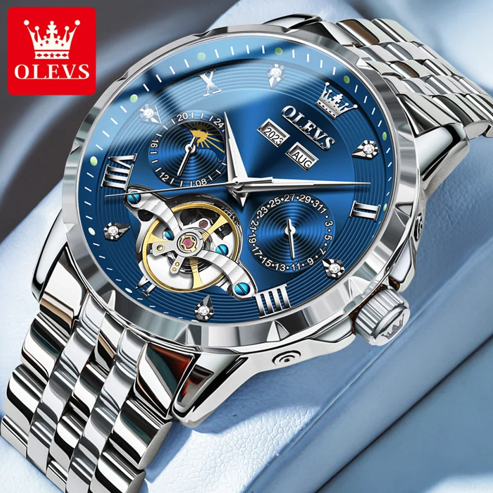 OLEVS Skeleton Multifunctional Men's Watch Automatic Mechanical Luxury Wrist Watch For Men Waterproof Stainless Steel Strap 6691