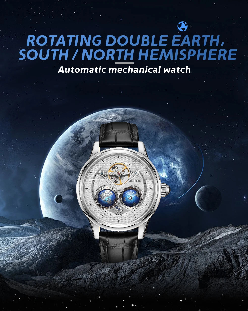 SEAKOSS Luxury Double Earth Rotating Men's Mechanical Watch Automatic Movement Waterproof Clock Pilots Men 1963 Flywheel Watches