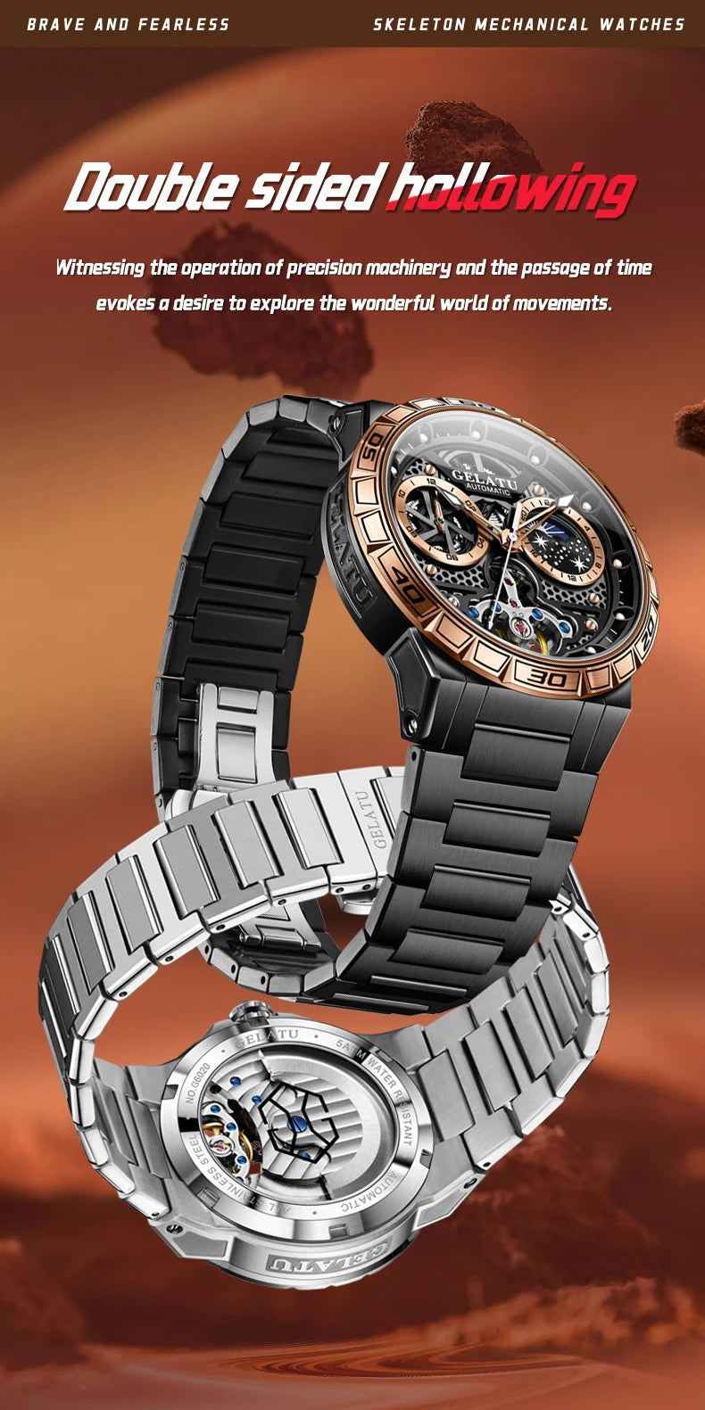 GELATU 6020 Trend Men's Watches Multifunctional Automatic Mechanical Watch for Men Flywheel Hollow out Moon Phase Wristwatch Man