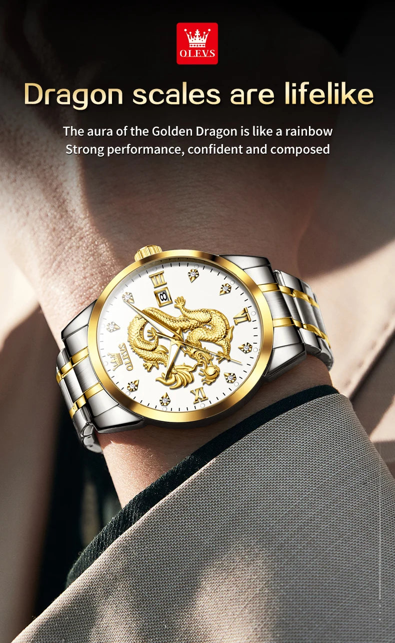 OLEVS 3619 Mens Watch Top Brand Fashion Original Quartz Watch for Man China Loong Dragon Dial Waterproof Luminous Date Reloj