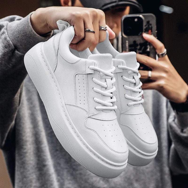 White Board Shoes Male Cow Leather Platform Shoes Man