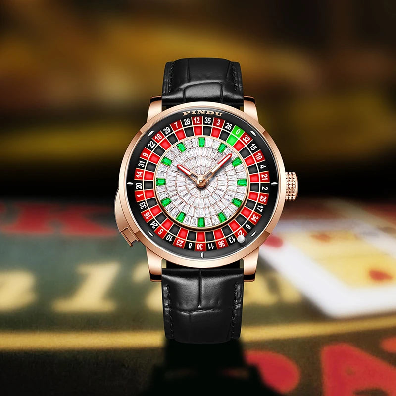 PINDU New Watches European Button Roulette Fun Game Sapphire Glass NH35A Mechanical Watch Diamond Dial Leather Men's Watch P6628