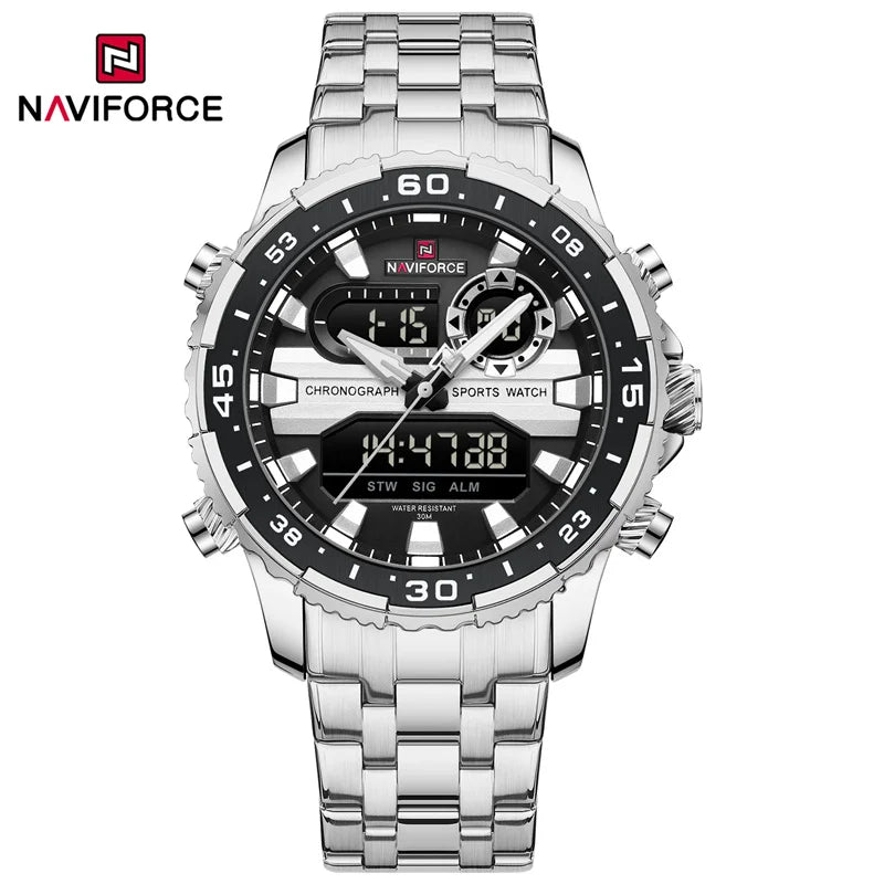NAVIFORCE Men's Watch Luxury Waterproof Sports Chronograph Quartz Steel Band Wristwatch Digital Date and Week Display Male Clock