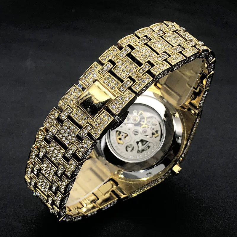 Automatic Watch For Men Luxury Full Ice Out  Hip Hop Tourbillon Watches Bling Diamond Gold Male Mechanical Clock Dropshipping