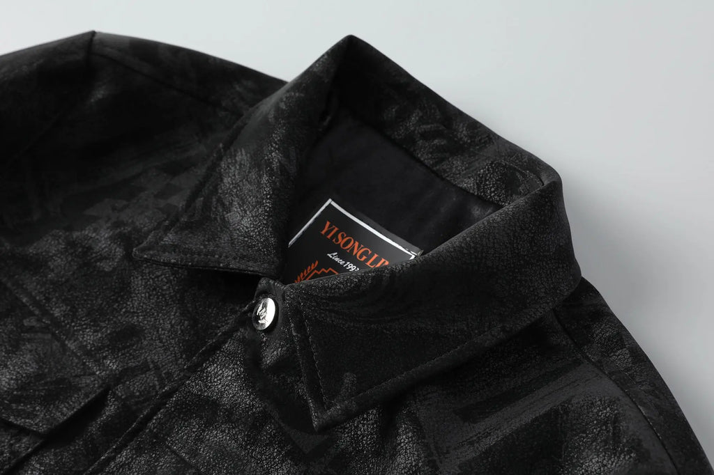 Men's Lapel Pu Leather Jacket Letter Print Casual Short Fashion Jacket