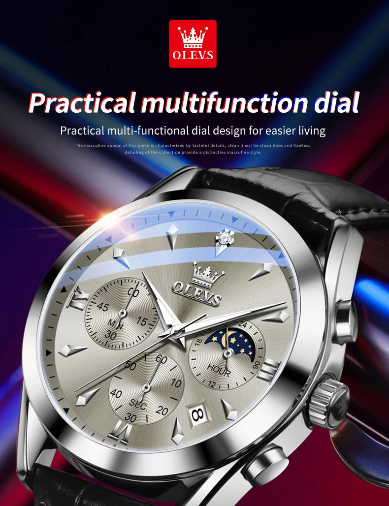 OLEVS 3609 Original Moon Phase Chronograph Man Watch Leather Strap Waterproof Luminous Luxury Brand Quartz Wrist Watches for Men