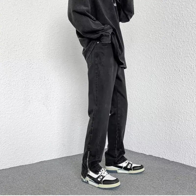 Jeans Men's Hiphop Zipper Loose Straight Pants Youth Fashion Versatile Casual Pants