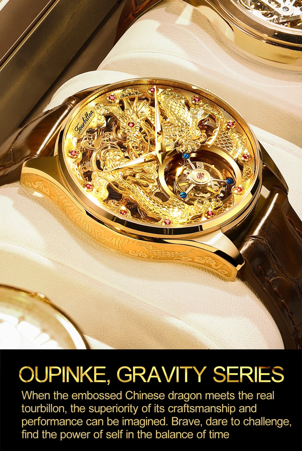 OUPINKE 3176 Top Brand Tourbillon Watch for Men Original Leather Strap Golden Dragon Design Automatic Mechanical Movement Watch