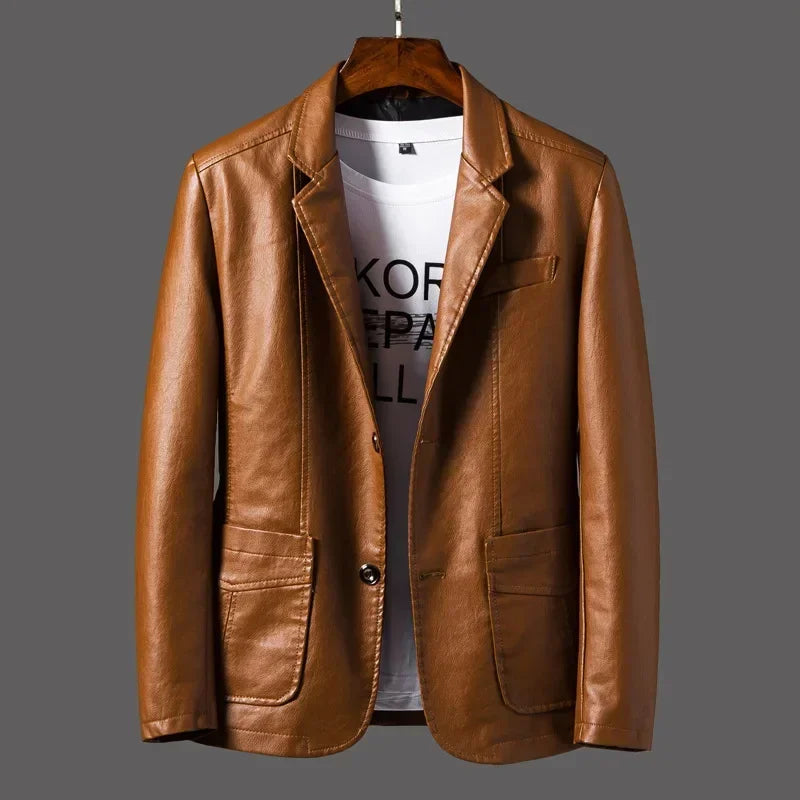2025 Men's Leather Jackets Lapel Business Leather Jackets Men Pu Blazers Korean Style Slim Fashion Leather Coat Plus Size M-6XL