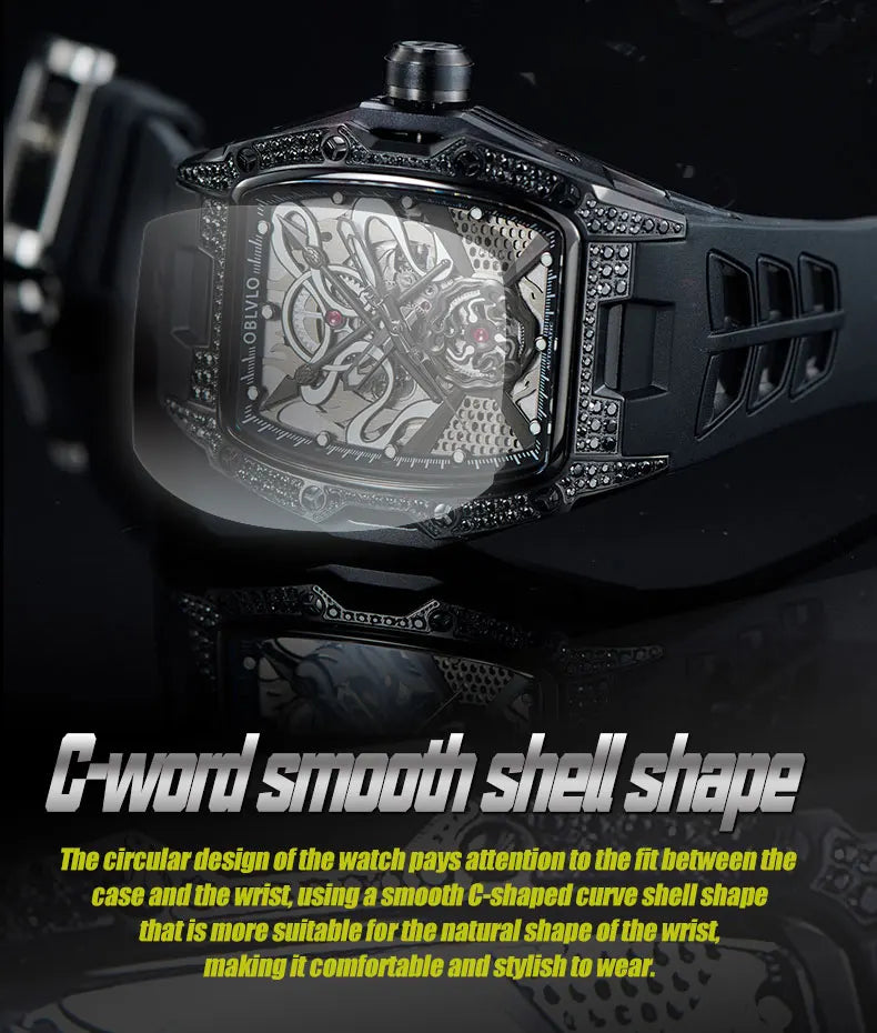 OBLVLO Top Luxury Men's Designer Skeleton Watc Fashion Tonneau Super Luminous Rubber Band Automatic Watches Relojes ZM