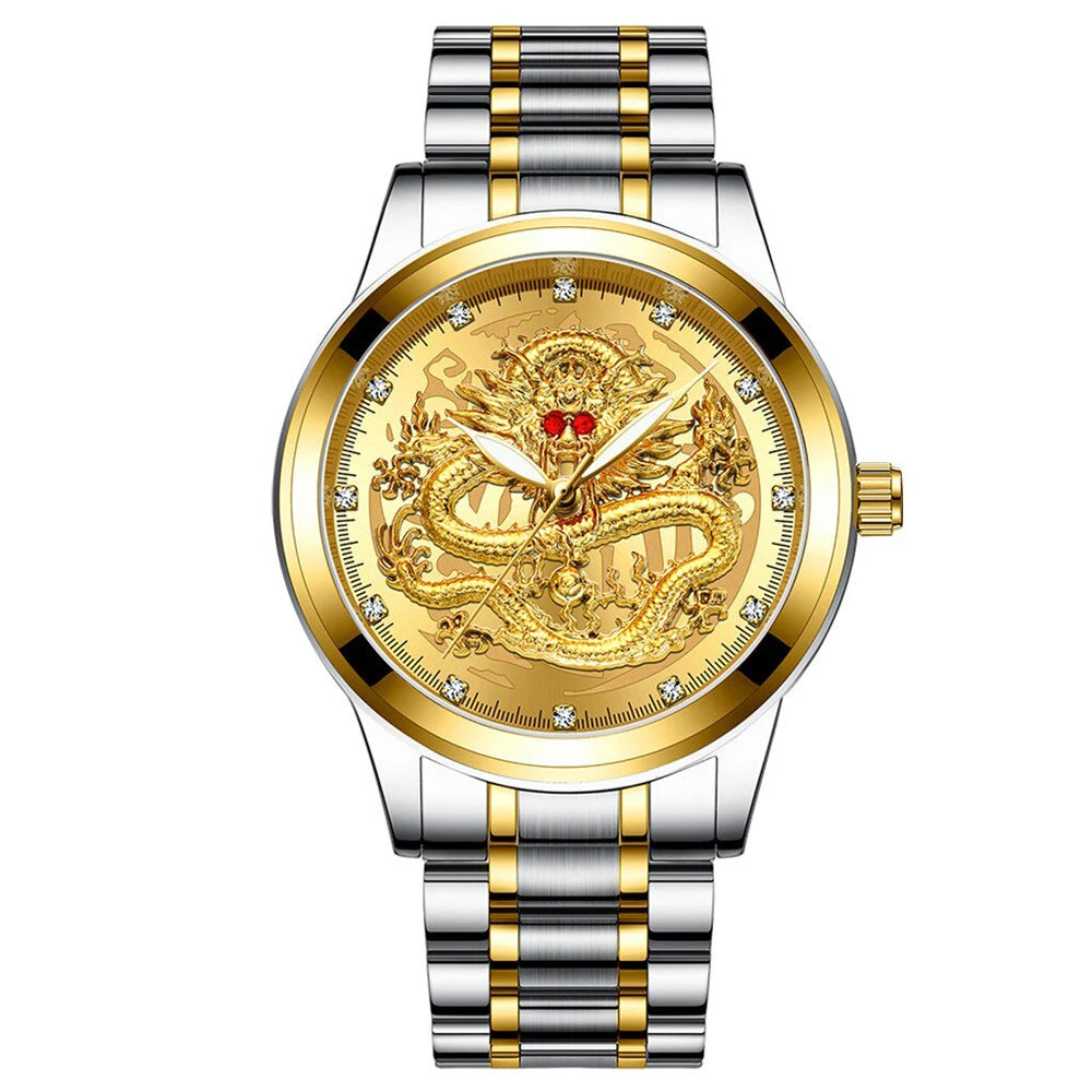 POSHI Stainless Steel Fashion Quartz Watch Gold Dragon Men's Watches Luxury Original Design Waterproof Quartz Movement Clock