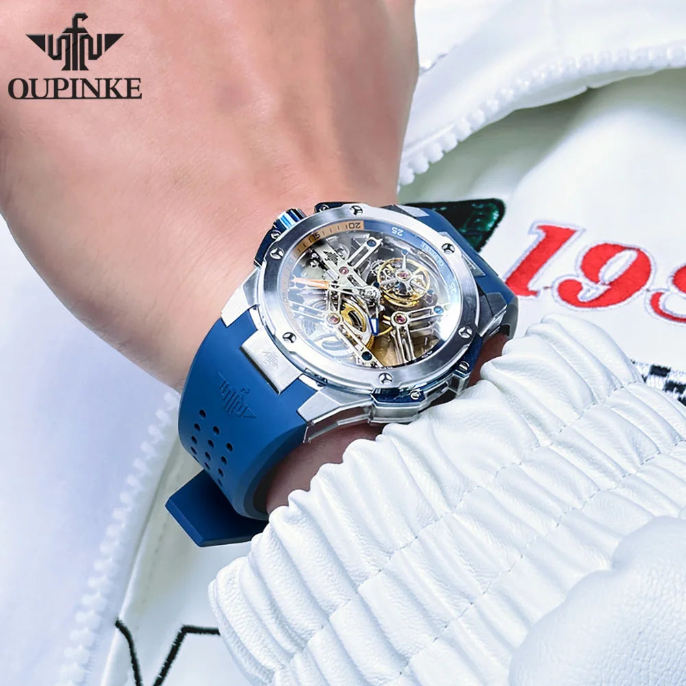 OUPINKE 8003 Tourbillon Watch Top Luxury Brand Men Fully Automatic Mechanical Watch Waterproof Silicone Strap Original Men Gifts