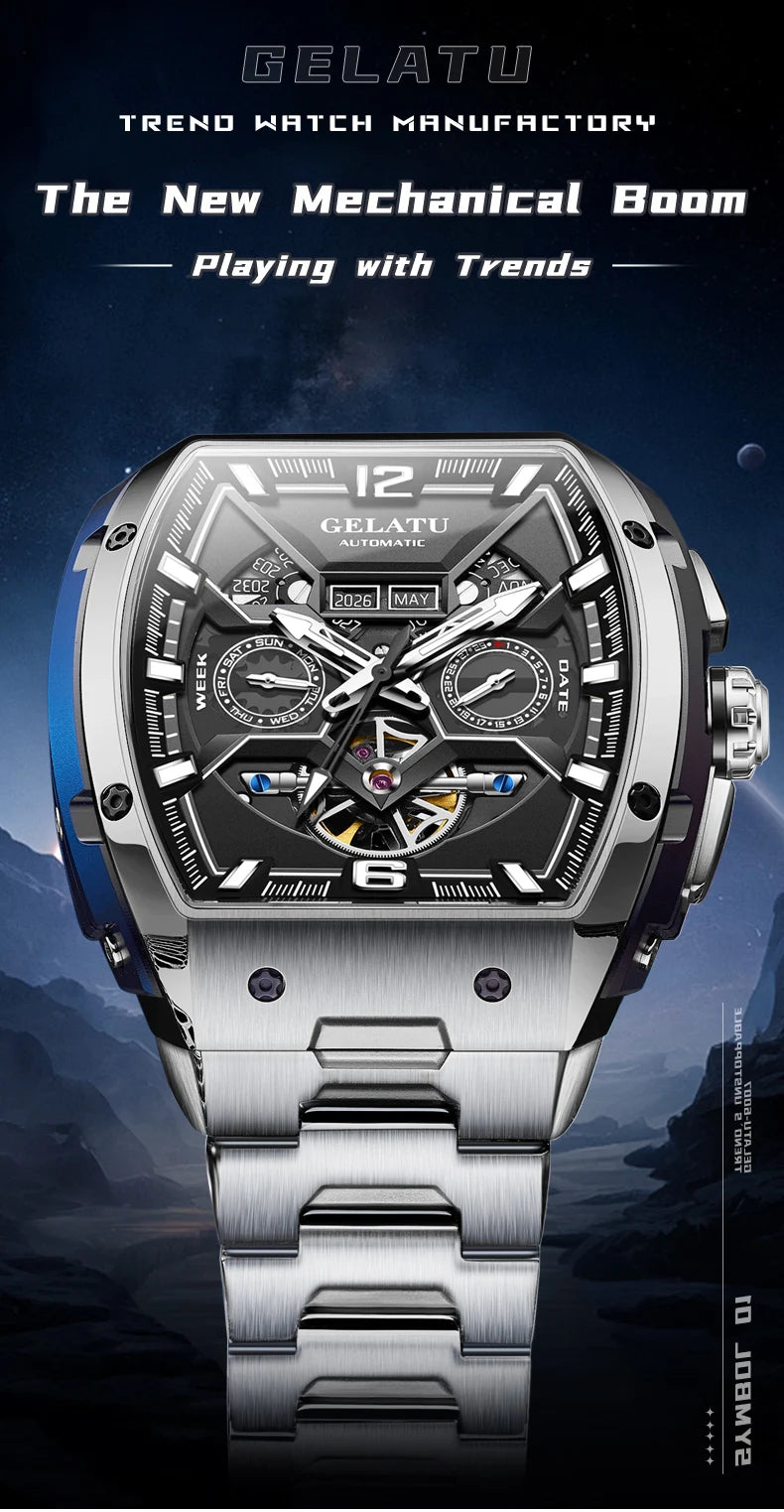 GELATU 6013 Luxury Men Hollow Automatic Mechanical Watch Waterproof Multi functional Original Men Watch Formal Watch Reloj
