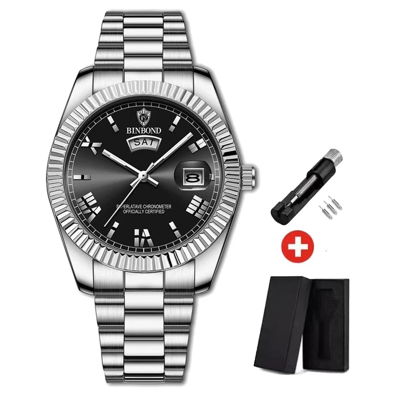 2025 New Men Business Watches Fashion Arabic Dial Steel Band Male's Luminous Waterproof Quartz Watch Set(Gift box regulator Box）