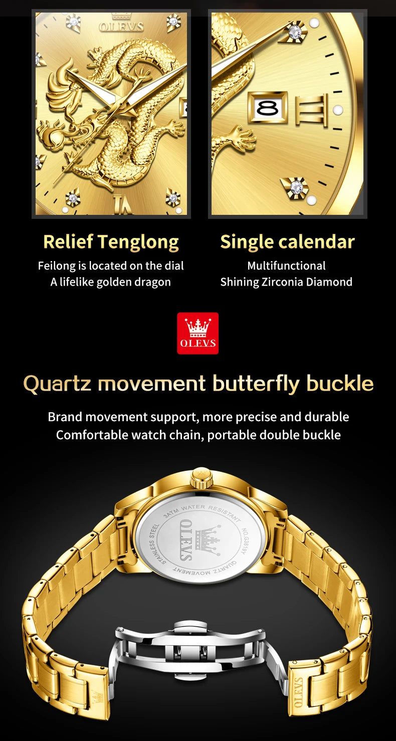 OLEVS 3619 Mens Watch Top Brand Fashion Original Quartz Watch for Man China Loong Dragon Dial Waterproof Luminous Date Reloj