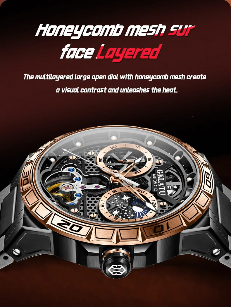 GELATU 6020 Trend Men's Watches Multifunctional Automatic Mechanical Watch for Men Flywheel Hollow out Moon Phase Wristwatch Man