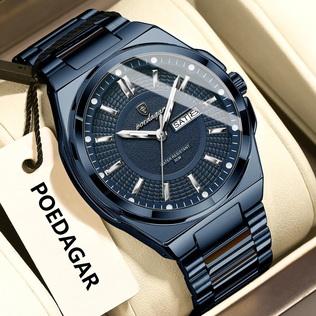 POEDAGAR Fashion Classic Men Wristwatches Stainless Steel Waterproof Luminous Man Watch Date Week Quartz Business Men's Watches