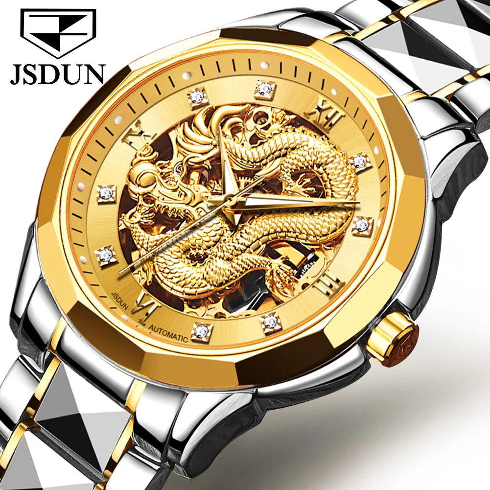 JSDUN Gold 3D Dragon Dial Watch For Men Luxury Brand Automatic Mechanical Watch Stainless Steel Strap Hollow-carved Reloj Hombre