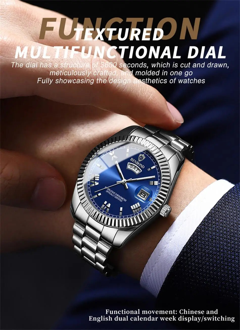 2025 New Men Business Watches Fashion Arabic Dial Steel Band Male's Luminous Waterproof Quartz Watch Set(Gift box regulator Box）