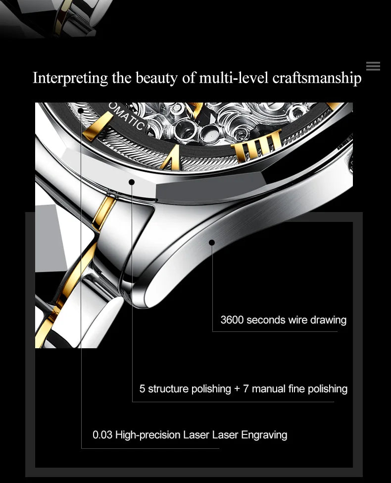 OUPINKE Tungsten Steel Strip Men's Watches Fully Transparent Dial Automatic Mechanical Watch Waterproof Sapphire Mirror Surface