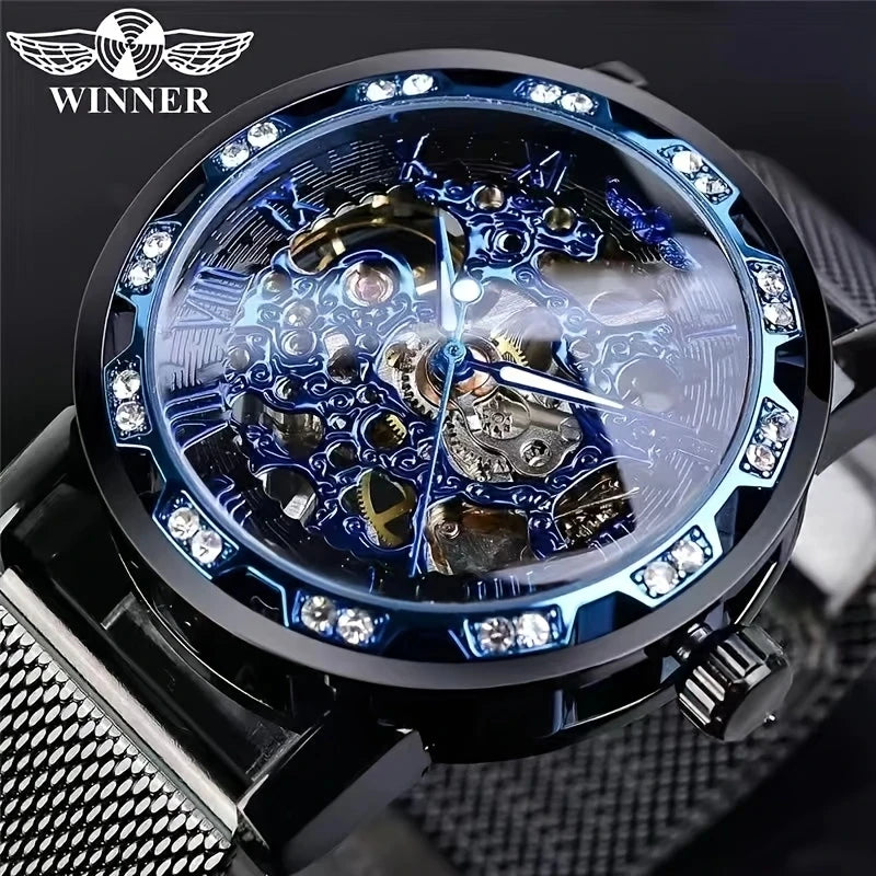 1 Piece of Men's Fashionable Diamond-Encrusted Manual Mechanical Watches, Cut Out Design Mesh Strap Watches, Fashionable, Casual, Versatile and Handsome Male Student Watches, High-Looking Gifts, First Choice Gifts, No Batteri