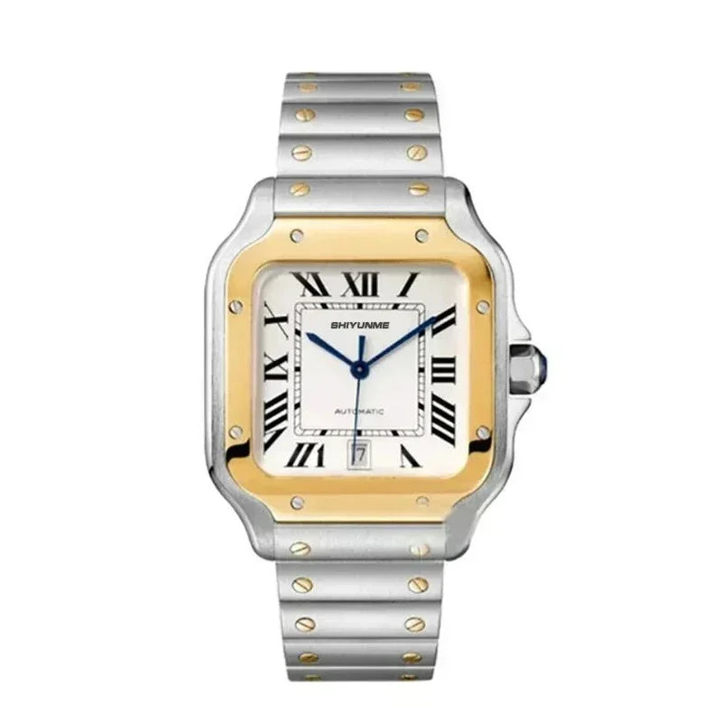 Stainless Steel Mechanical Sports Watch Square Roman Dial Black Leather High Quality Men's Automatic Watch