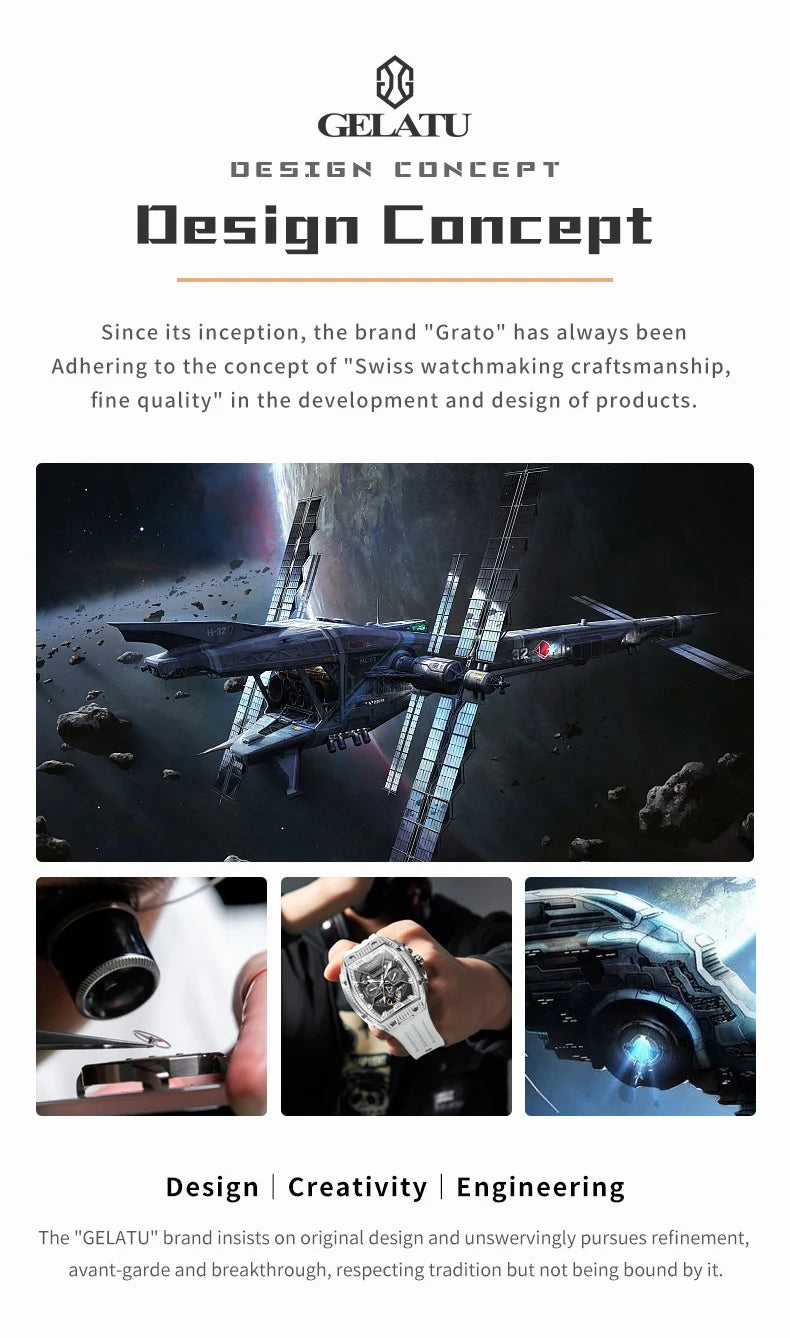 GELATU Top Brand Men's Watches Full Automatic Wristwatch for Man Hollow Mechanical Flywheel Date Week Waterproof Luminous