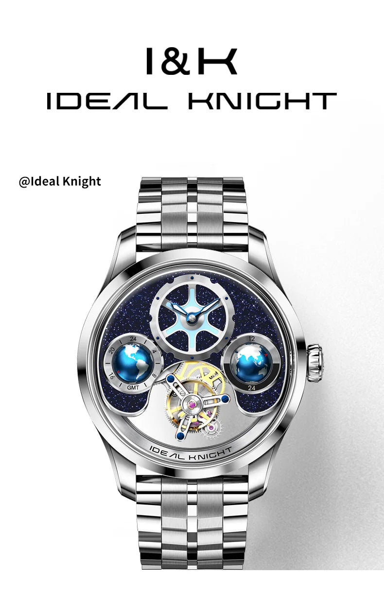 IDEAL KNIGHT Top Brand Luxruy Mens Watch Advanced Tourbillon Automatic Mechanical Watch Waterproof Luminous Dual Region Time